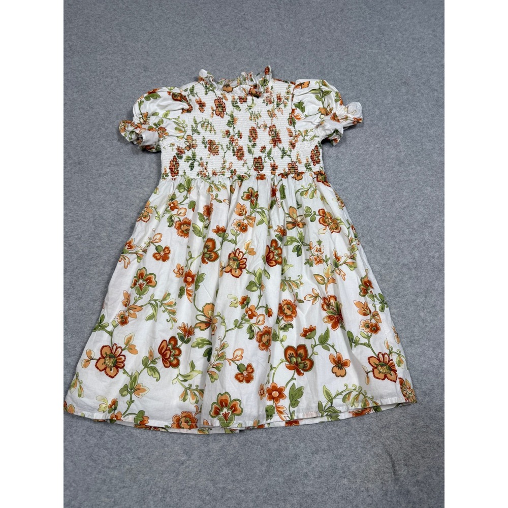 Janie and Jack Girls Size 5 Floral The Hannah Smocked Puff Sleeve Dress Orange